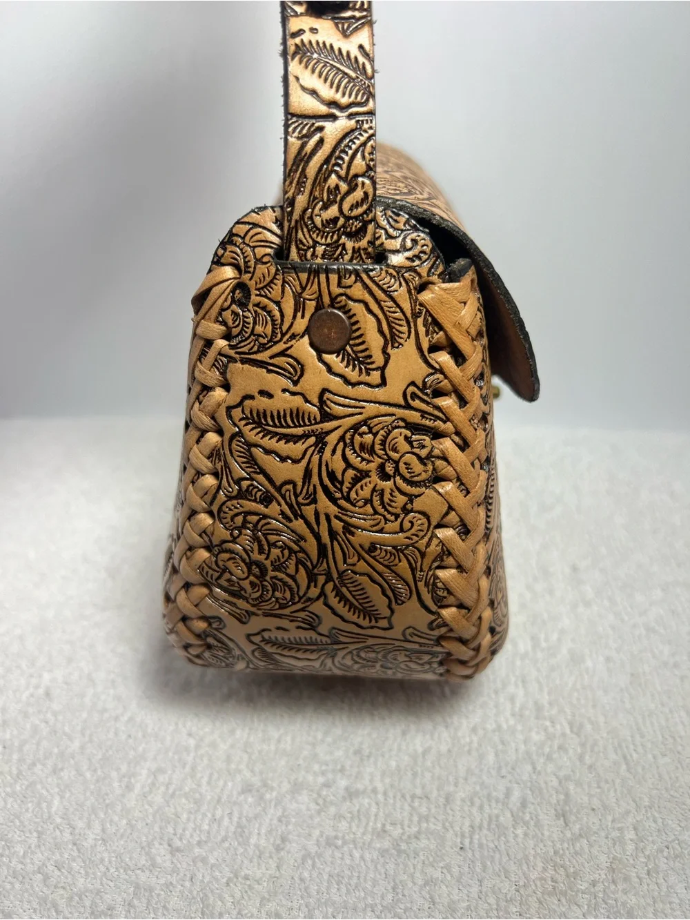 Tooled Leather Embossed Floral Saddle Bag Braided Handcrafted Western Boho
